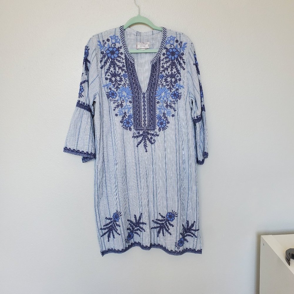 Johnny Was blue and white embroidered dress